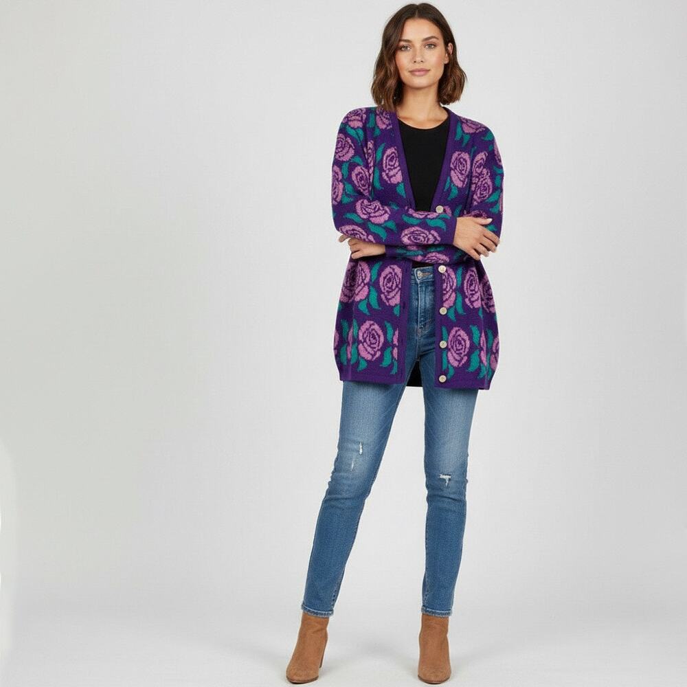 Vintage Western Connection Purple Floral Knit Cardigan Sweater Large Cottagecore